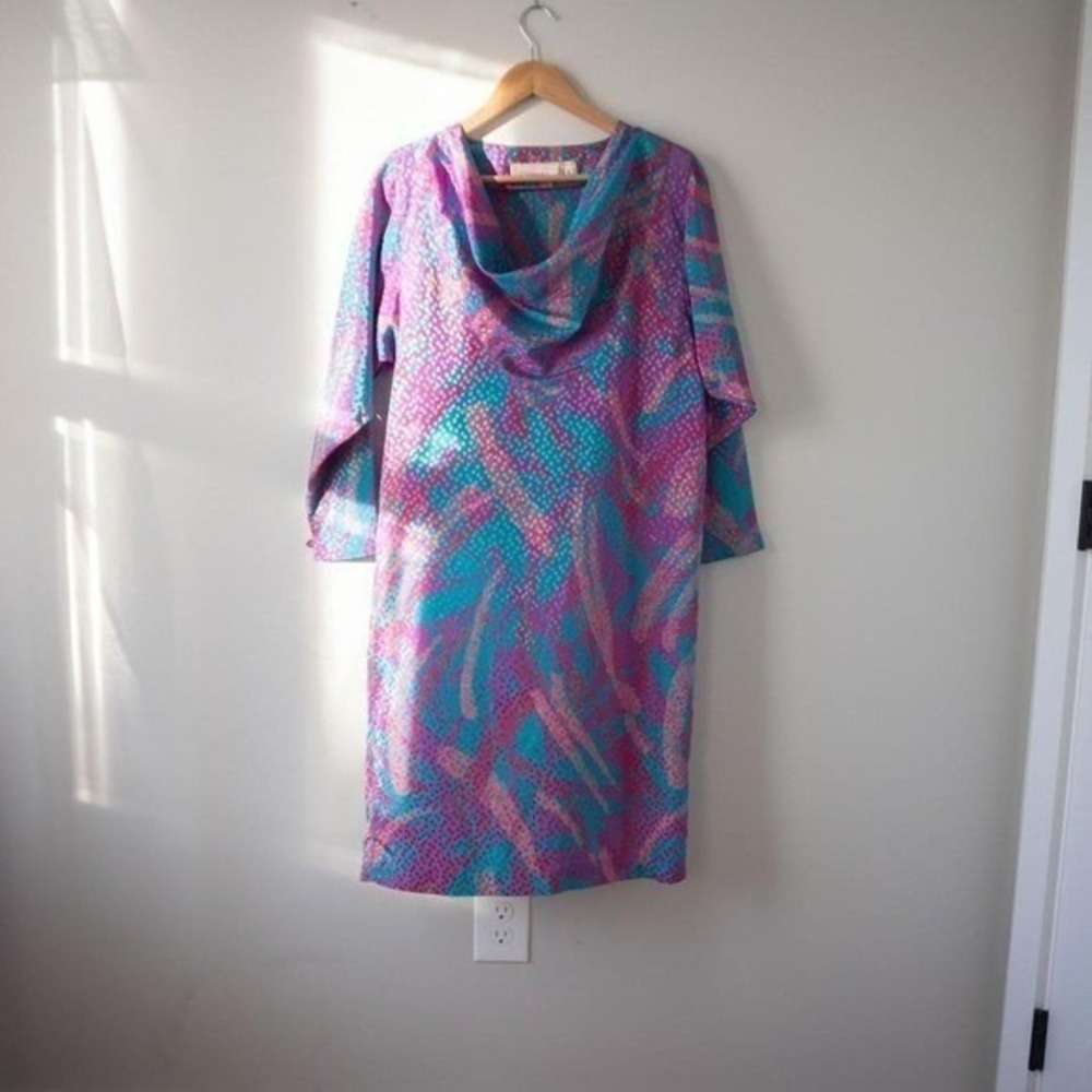 VTG Cassidy 80's Maximalist Purple Teal Eclectic Cowl Neck Shift Dress Size 6